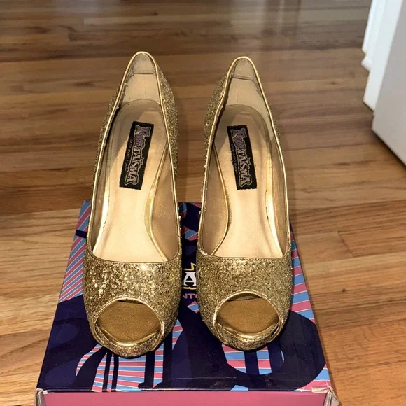 Fun Taisma Gold Glitter Peep-Toe Pump High Heels shoes Sz 9 original box - Picture 2 of 11